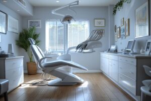 Dental treatment room with art on the walls 